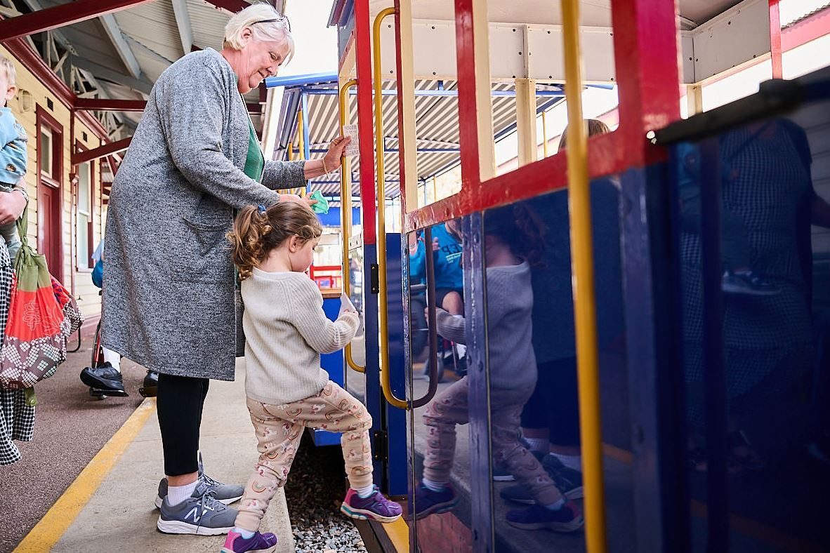 Whtieman Park Bennett Brook Railway train ride grandma and grandchild WEB